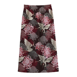 Japanese Cranes And Chrysanthemums Print Cotton Front Slit Maxi Skirt