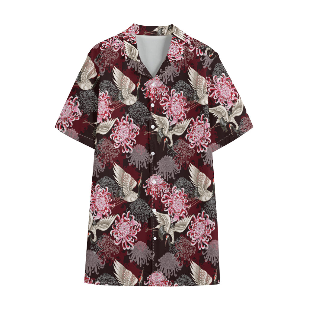 Japanese Cranes And Chrysanthemums Print Cotton Hawaiian Shirt