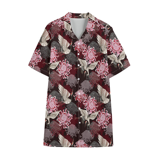 Japanese Cranes And Chrysanthemums Print Cotton Hawaiian Shirt
