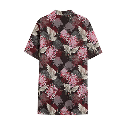 Japanese Cranes And Chrysanthemums Print Cotton Hawaiian Shirt