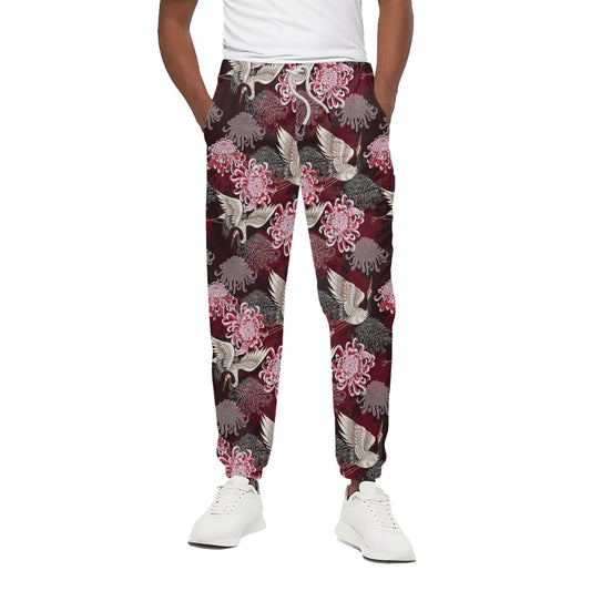 Japanese Cranes And Chrysanthemums Print Cotton Pants