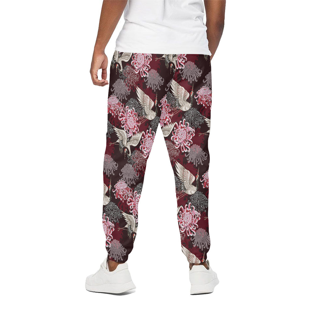 Japanese Cranes And Chrysanthemums Print Cotton Pants