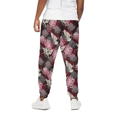 Japanese Cranes And Chrysanthemums Print Cotton Pants