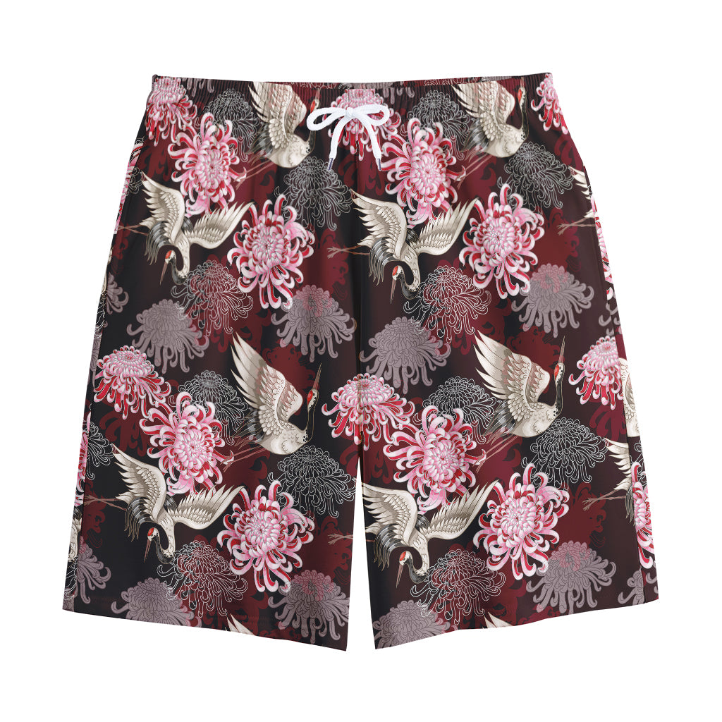 Japanese Cranes And Chrysanthemums Print Cotton Shorts