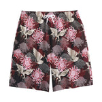 Japanese Cranes And Chrysanthemums Print Cotton Shorts