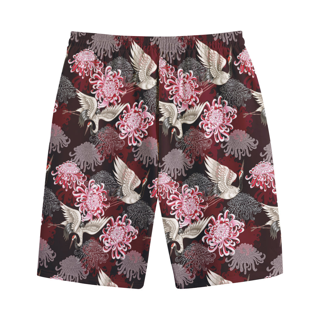 Japanese Cranes And Chrysanthemums Print Cotton Shorts