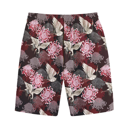 Japanese Cranes And Chrysanthemums Print Cotton Shorts