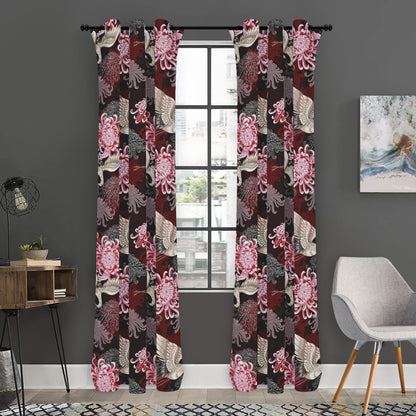Japanese Cranes And Chrysanthemums Print Curtain