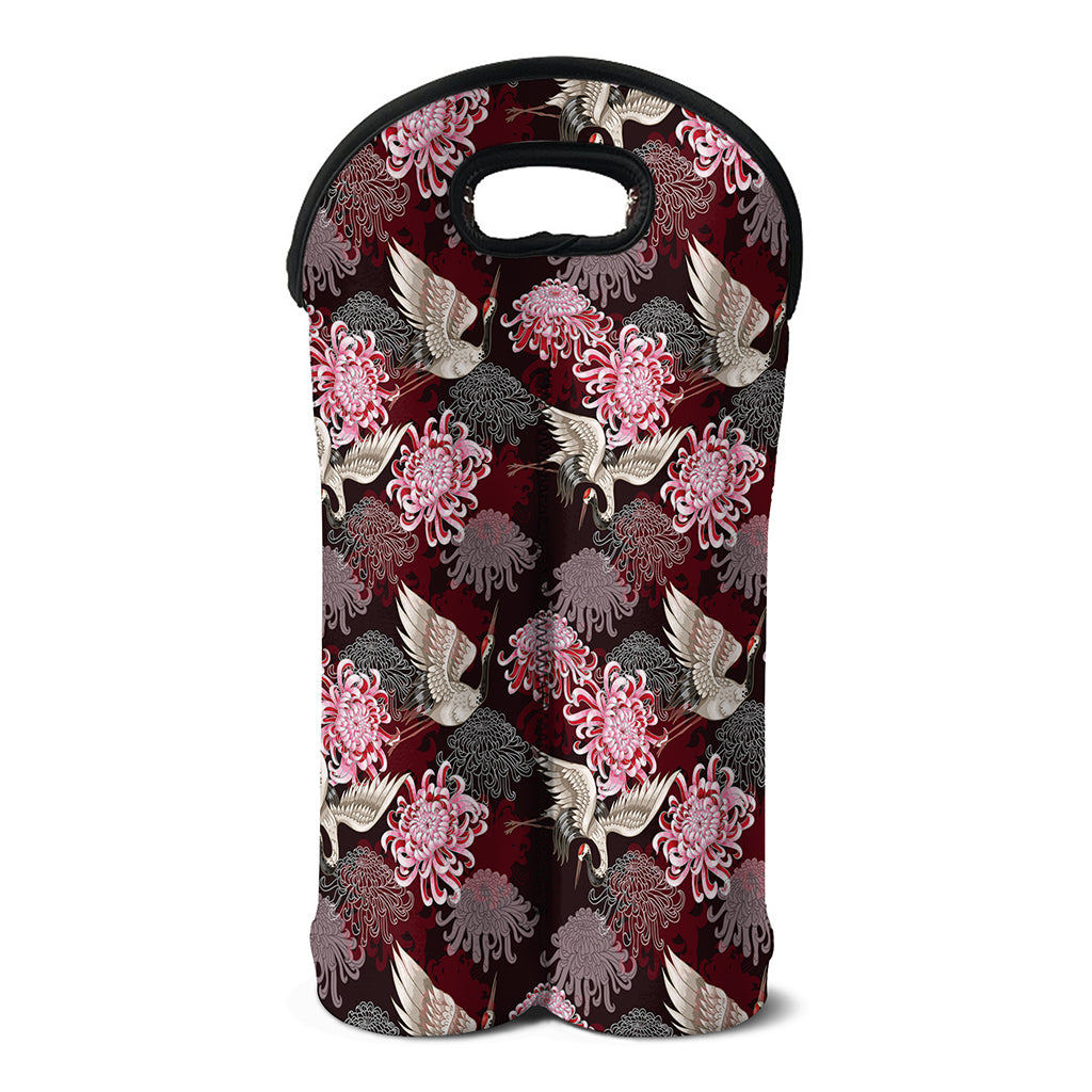 Japanese Cranes And Chrysanthemums Print Double Neoprene Wine Tote