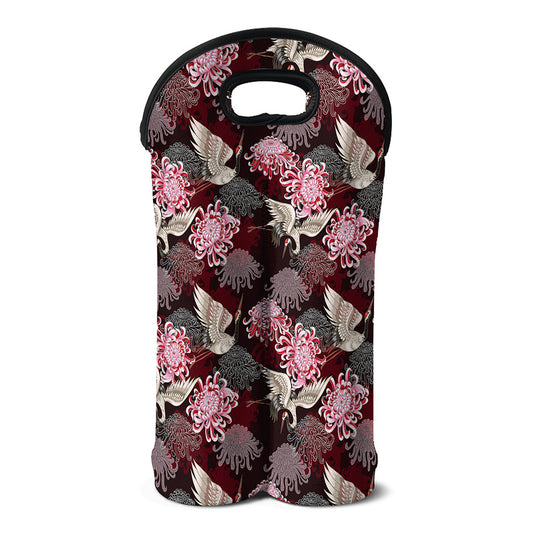 Japanese Cranes And Chrysanthemums Print Double Neoprene Wine Tote