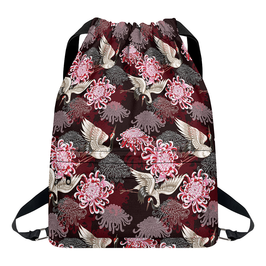 Japanese Cranes And Chrysanthemums Print Drawstring Backpack