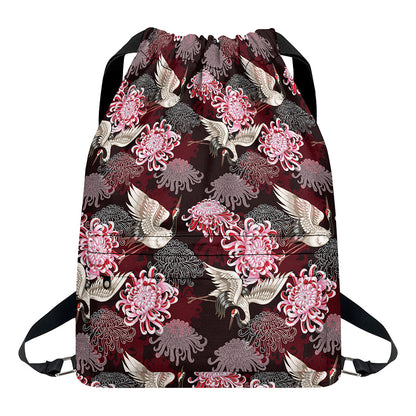 Japanese Cranes And Chrysanthemums Print Drawstring Backpack