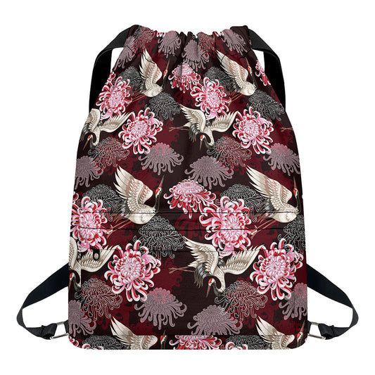 Japanese Cranes And Chrysanthemums Print Drawstring Backpack