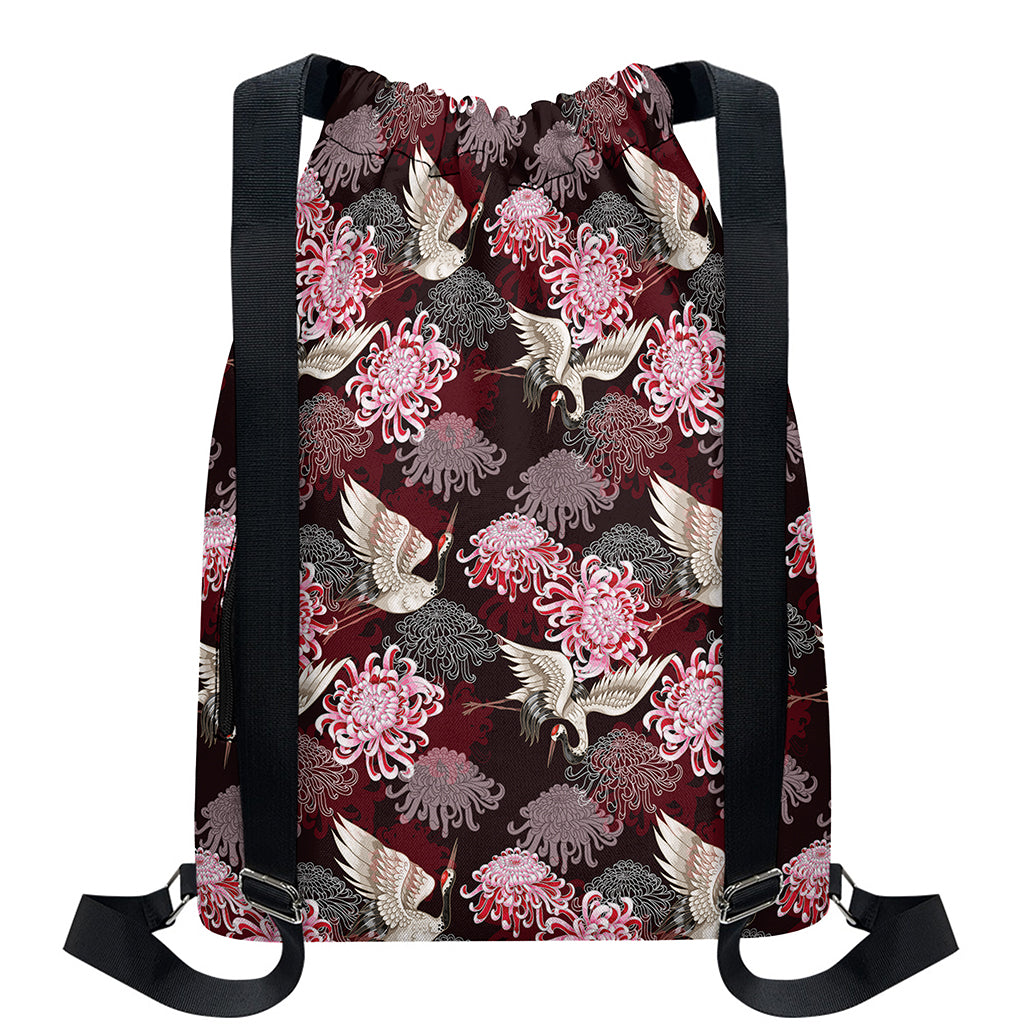 Japanese Cranes And Chrysanthemums Print Drawstring Backpack