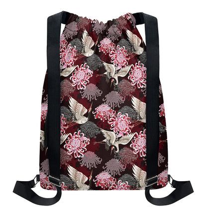 Japanese Cranes And Chrysanthemums Print Drawstring Backpack
