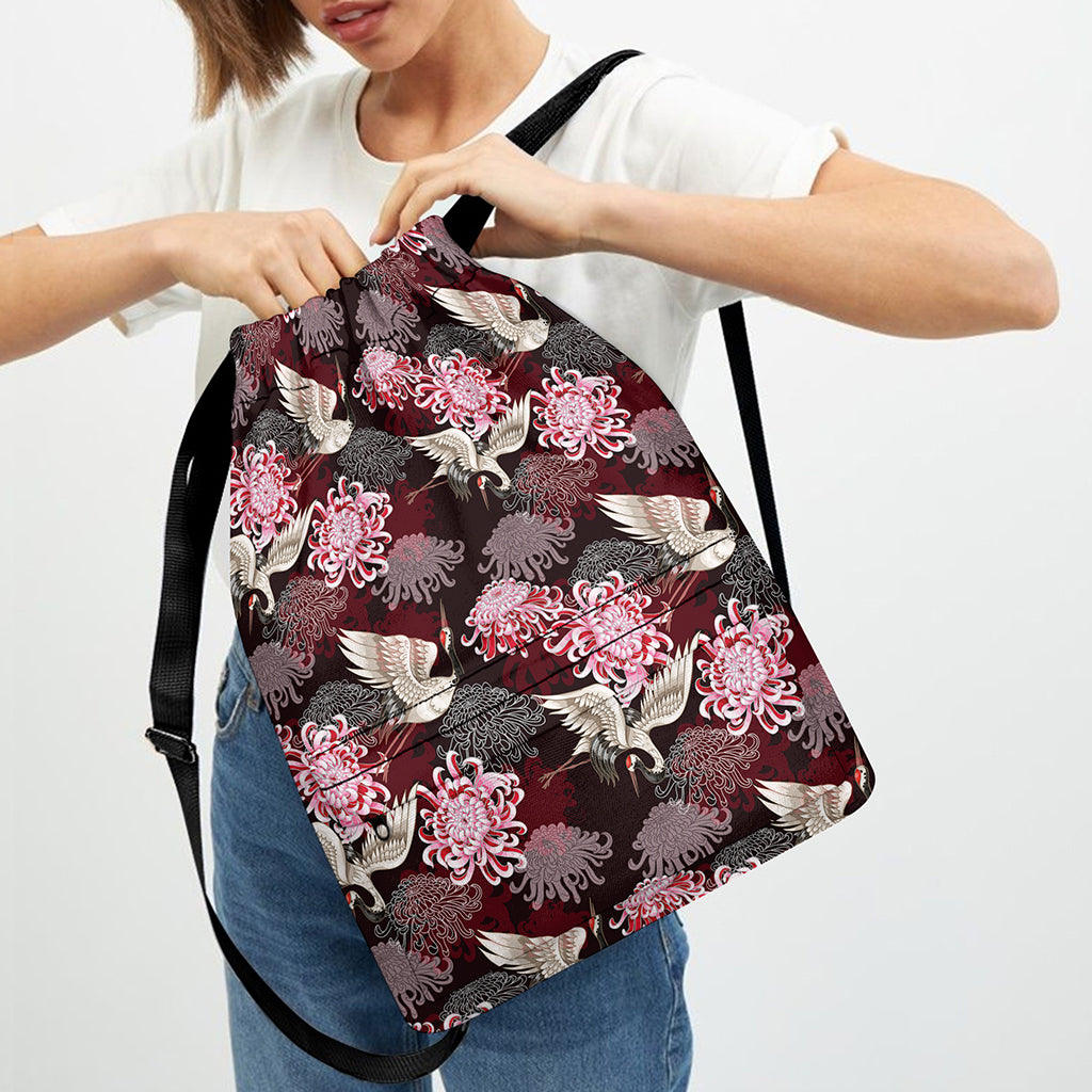 Japanese Cranes And Chrysanthemums Print Drawstring Backpack