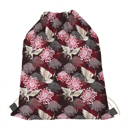 Japanese Cranes And Chrysanthemums Print Drawstring Bag
