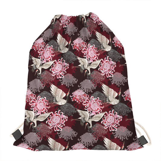 Japanese Cranes And Chrysanthemums Print Drawstring Bag