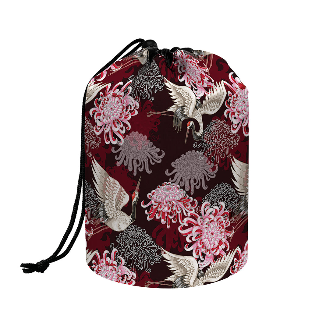 Japanese Cranes And Chrysanthemums Print Drawstring Makeup Bag