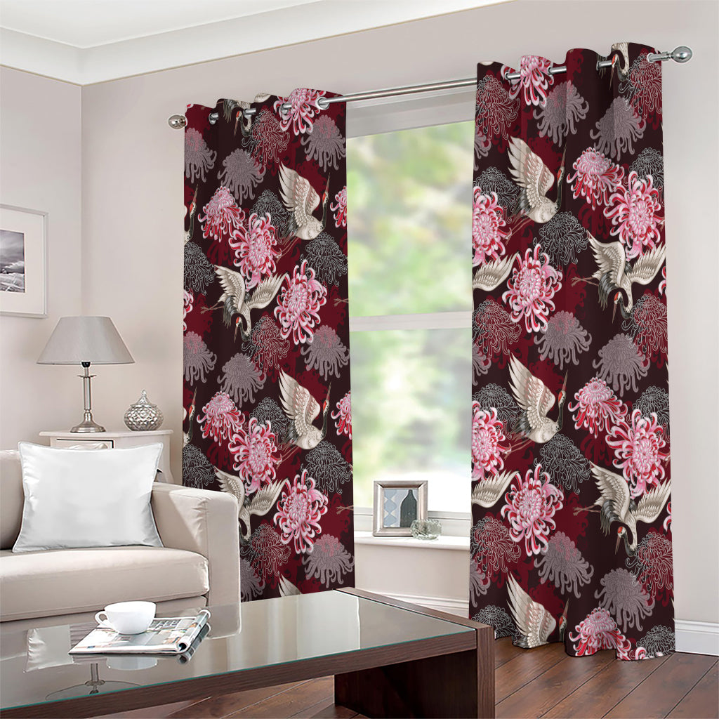 Japanese Cranes And Chrysanthemums Print Extra Wide Grommet Curtains