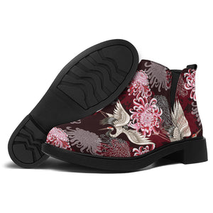 Japanese Cranes And Chrysanthemums Print Flat Ankle Boots