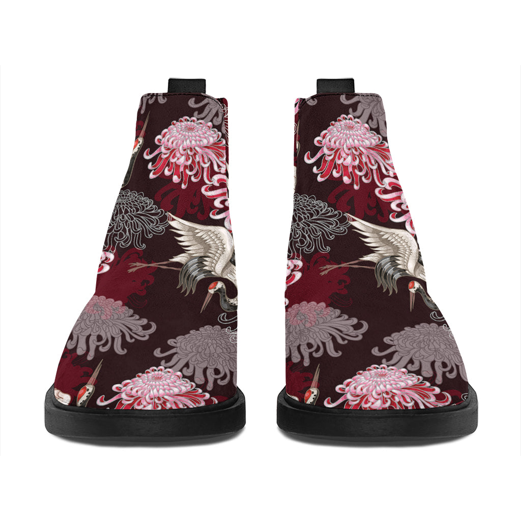 Japanese Cranes And Chrysanthemums Print Flat Ankle Boots