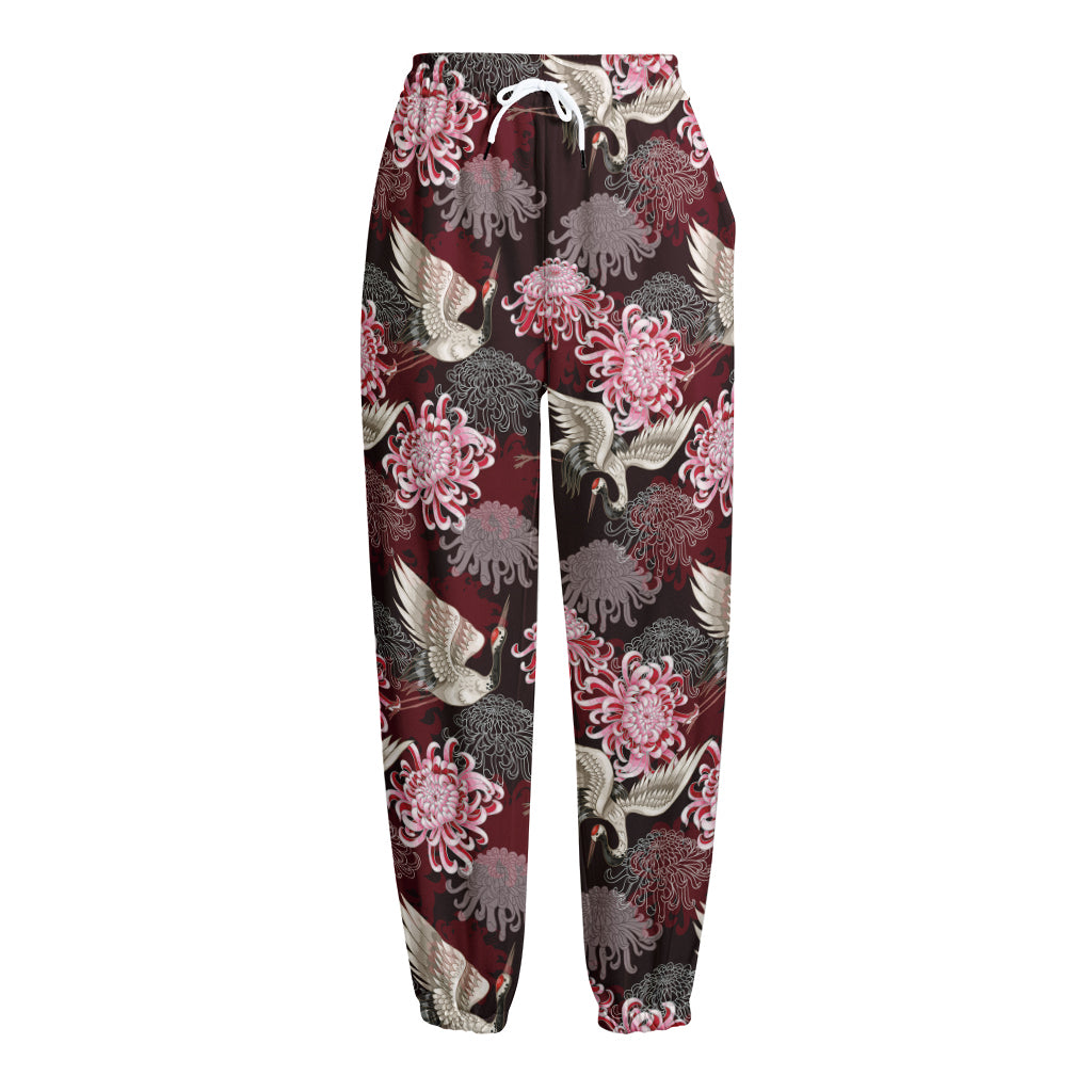 Japanese Cranes And Chrysanthemums Print Fleece Lined Knit Pants