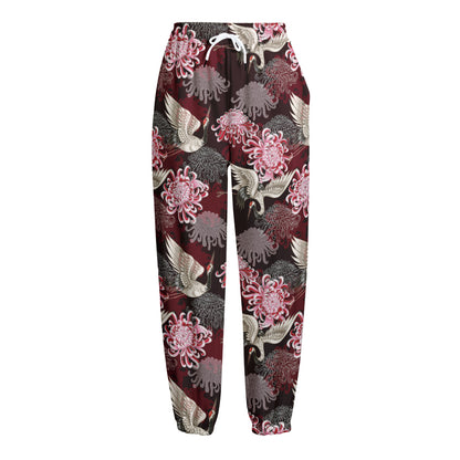 Japanese Cranes And Chrysanthemums Print Fleece Lined Knit Pants
