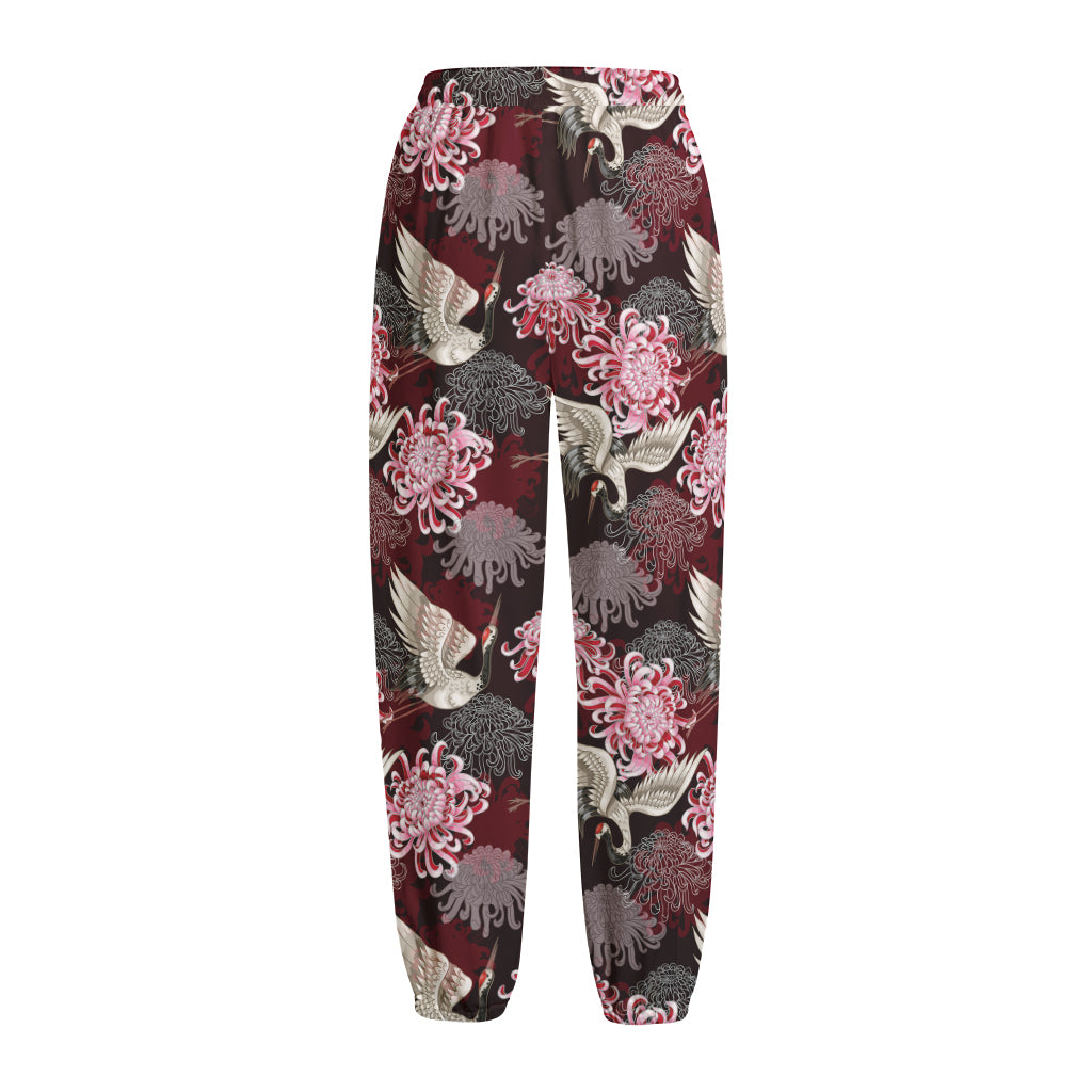 Japanese Cranes And Chrysanthemums Print Fleece Lined Knit Pants
