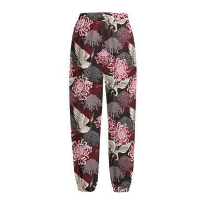 Japanese Cranes And Chrysanthemums Print Fleece Lined Knit Pants