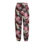 Japanese Cranes And Chrysanthemums Print Fleece Lined Knit Pants