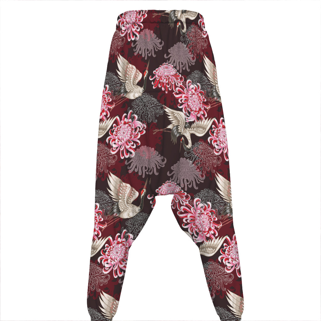 Japanese Cranes And Chrysanthemums Print Hammer Pants