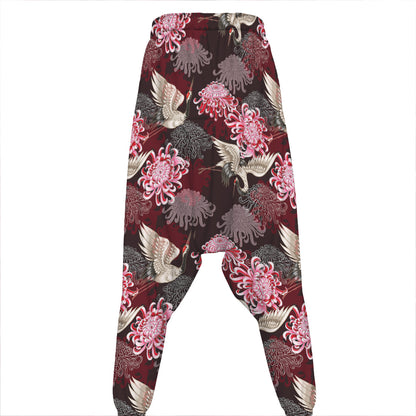 Japanese Cranes And Chrysanthemums Print Hammer Pants