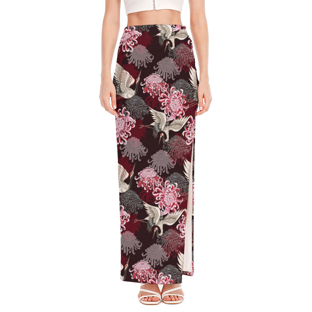 Japanese Cranes And Chrysanthemums Print High Slit Maxi Skirt