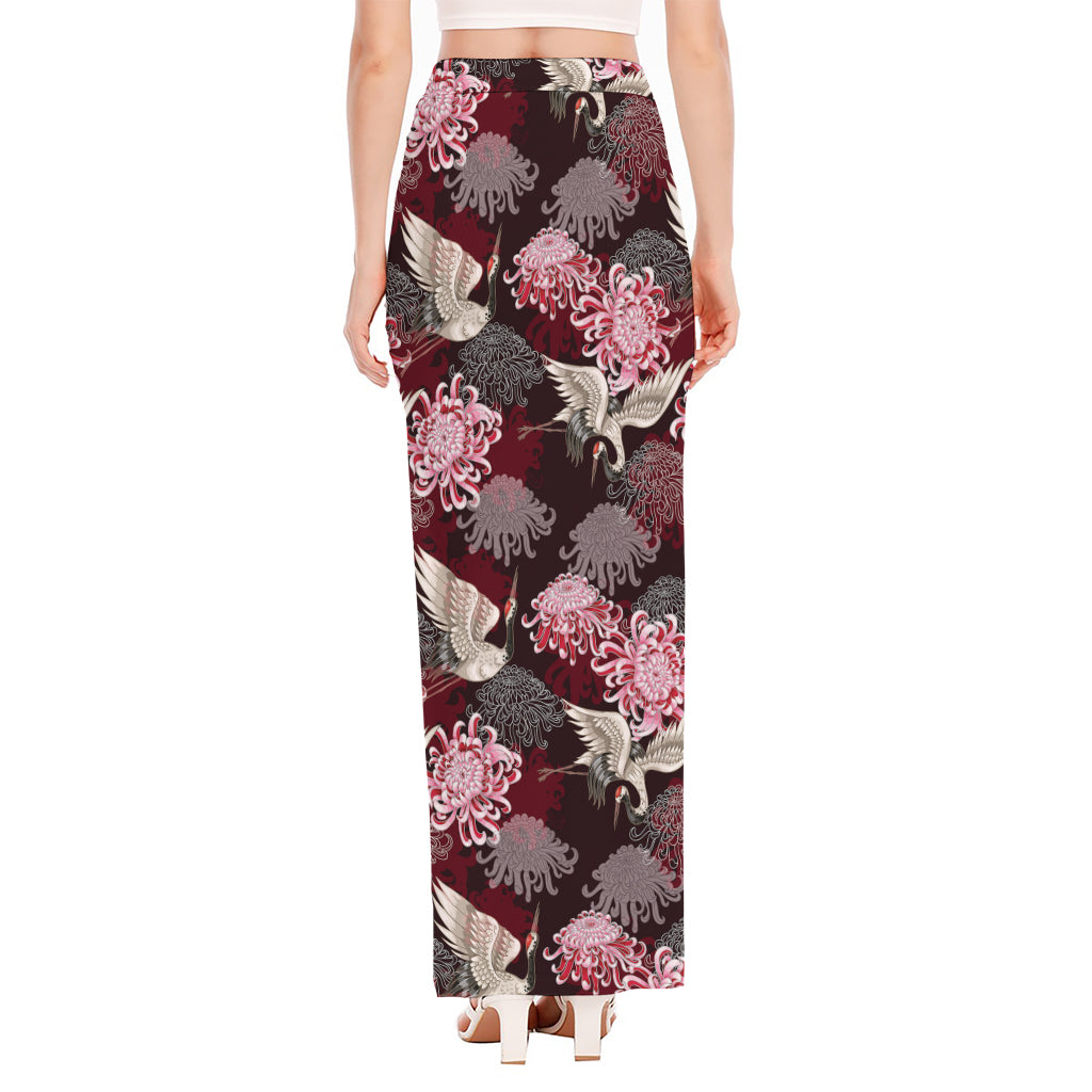 Japanese Cranes And Chrysanthemums Print High Slit Maxi Skirt