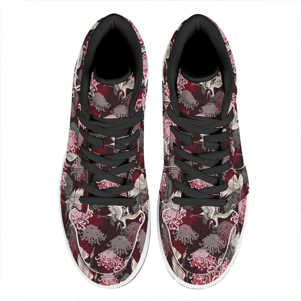 Japanese Cranes And Chrysanthemums Print High Top Leather Sneakers