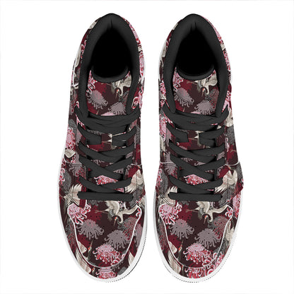 Japanese Cranes And Chrysanthemums Print High Top Leather Sneakers
