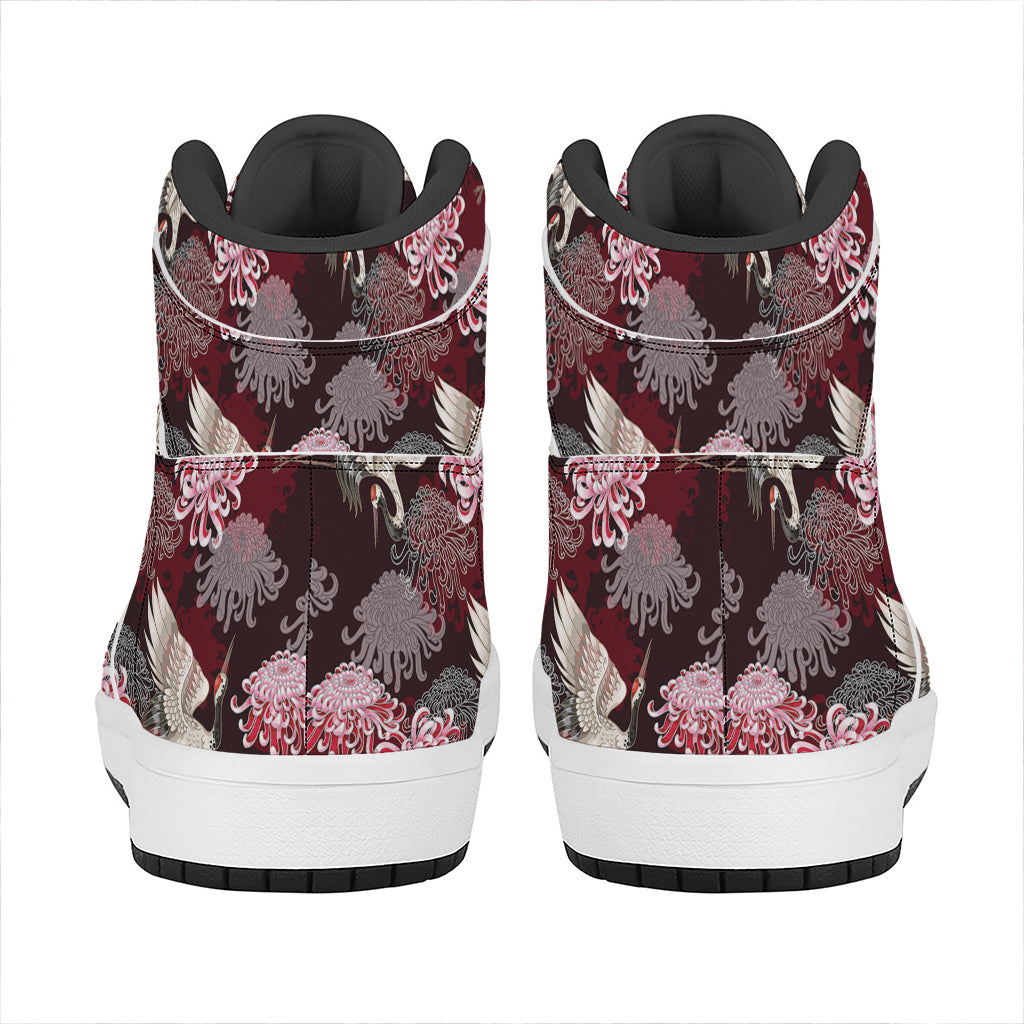 Japanese Cranes And Chrysanthemums Print High Top Leather Sneakers