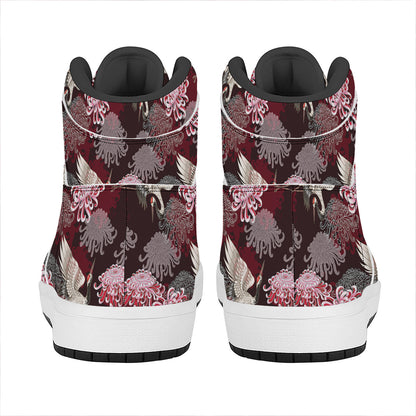 Japanese Cranes And Chrysanthemums Print High Top Leather Sneakers