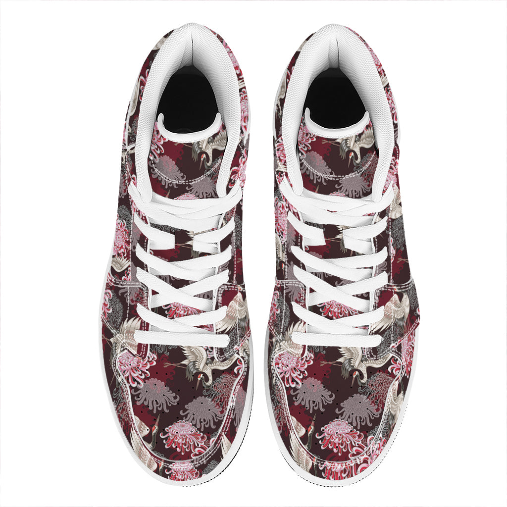 Japanese Cranes And Chrysanthemums Print High Top Leather Sneakers
