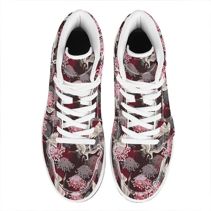 Japanese Cranes And Chrysanthemums Print High Top Leather Sneakers