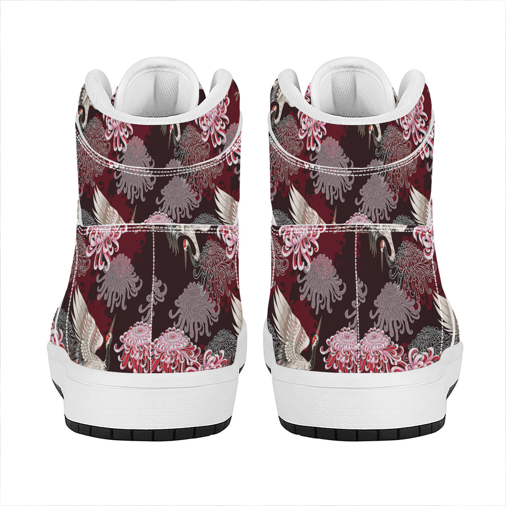 Japanese Cranes And Chrysanthemums Print High Top Leather Sneakers