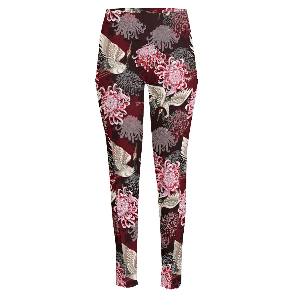 Japanese Cranes And Chrysanthemums Print High-Waisted Pocket Leggings