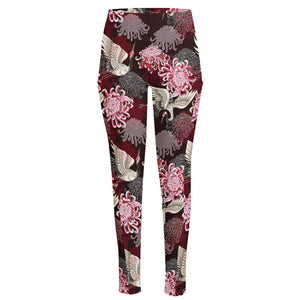 Japanese Cranes And Chrysanthemums Print High-Waisted Pocket Leggings