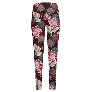 Japanese Cranes And Chrysanthemums Print High-Waisted Pocket Leggings