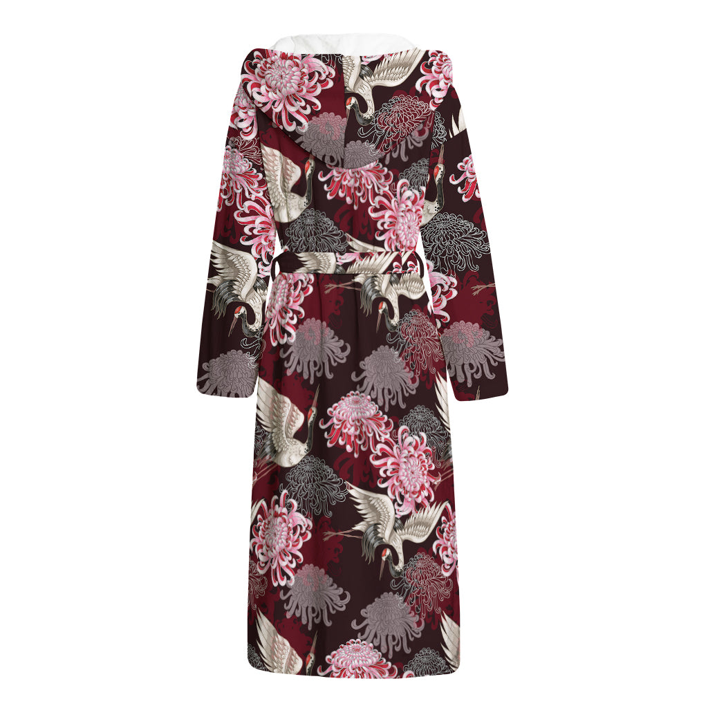 Japanese Cranes And Chrysanthemums Print Hooded Bathrobe