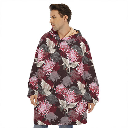 Japanese Cranes And Chrysanthemums Print Hoodie Blanket
