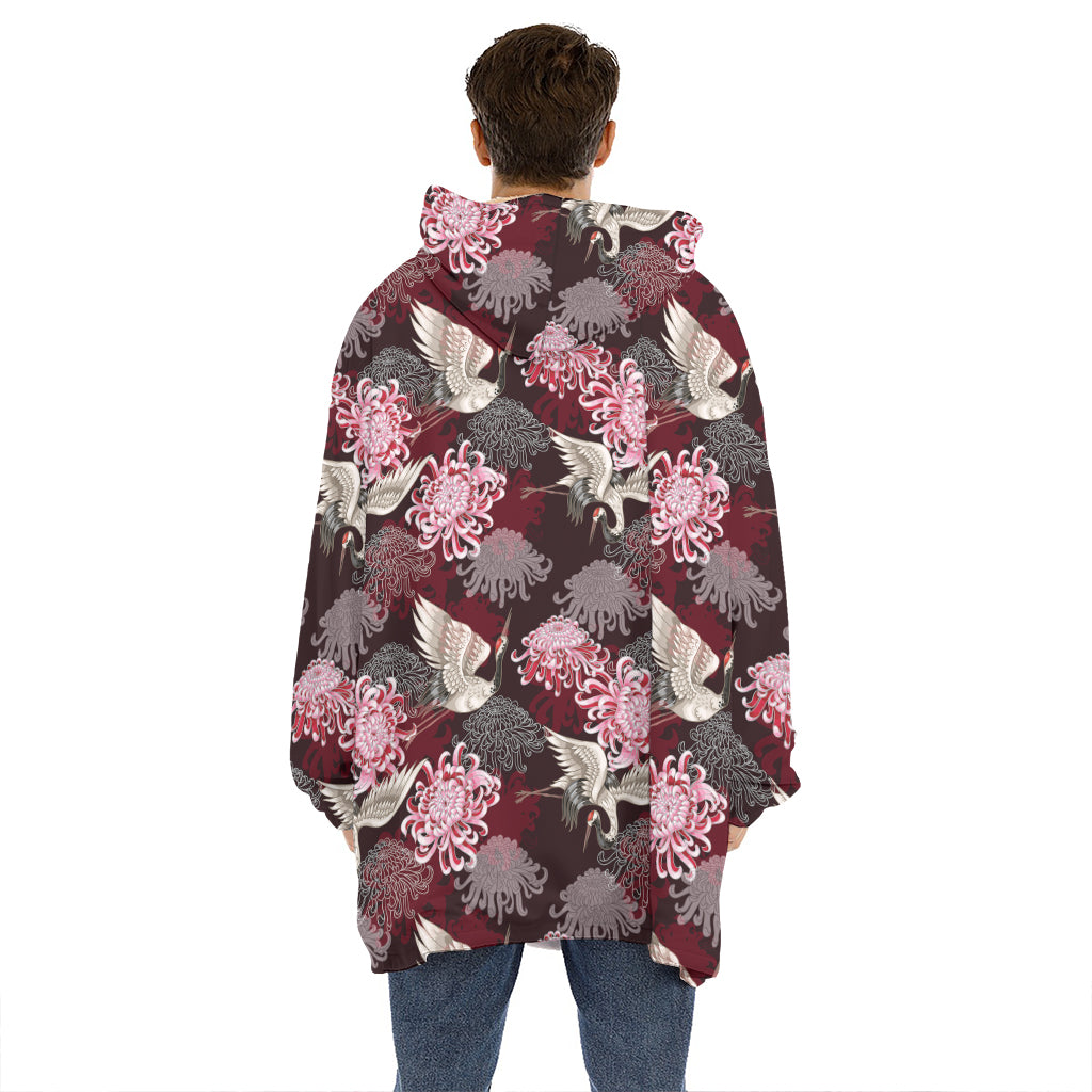 Japanese Cranes And Chrysanthemums Print Hoodie Blanket