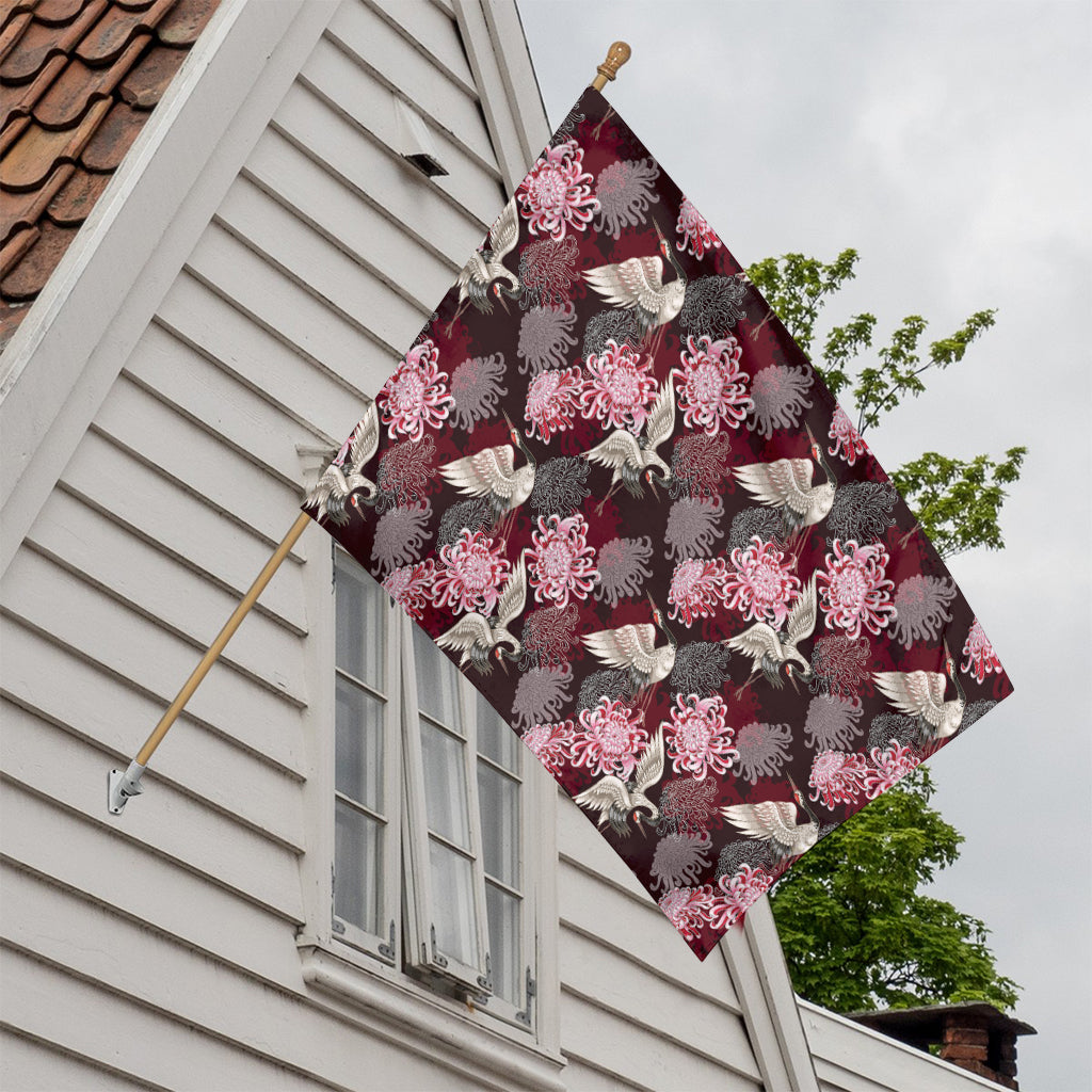 Japanese Cranes And Chrysanthemums Print House Flag