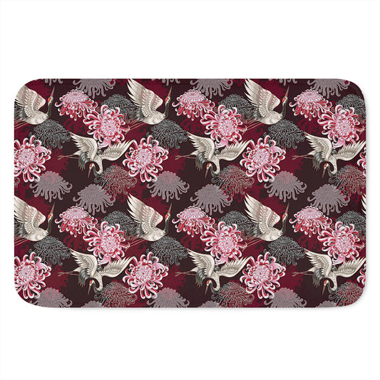 Japanese Cranes And Chrysanthemums Print Indoor Door Mat